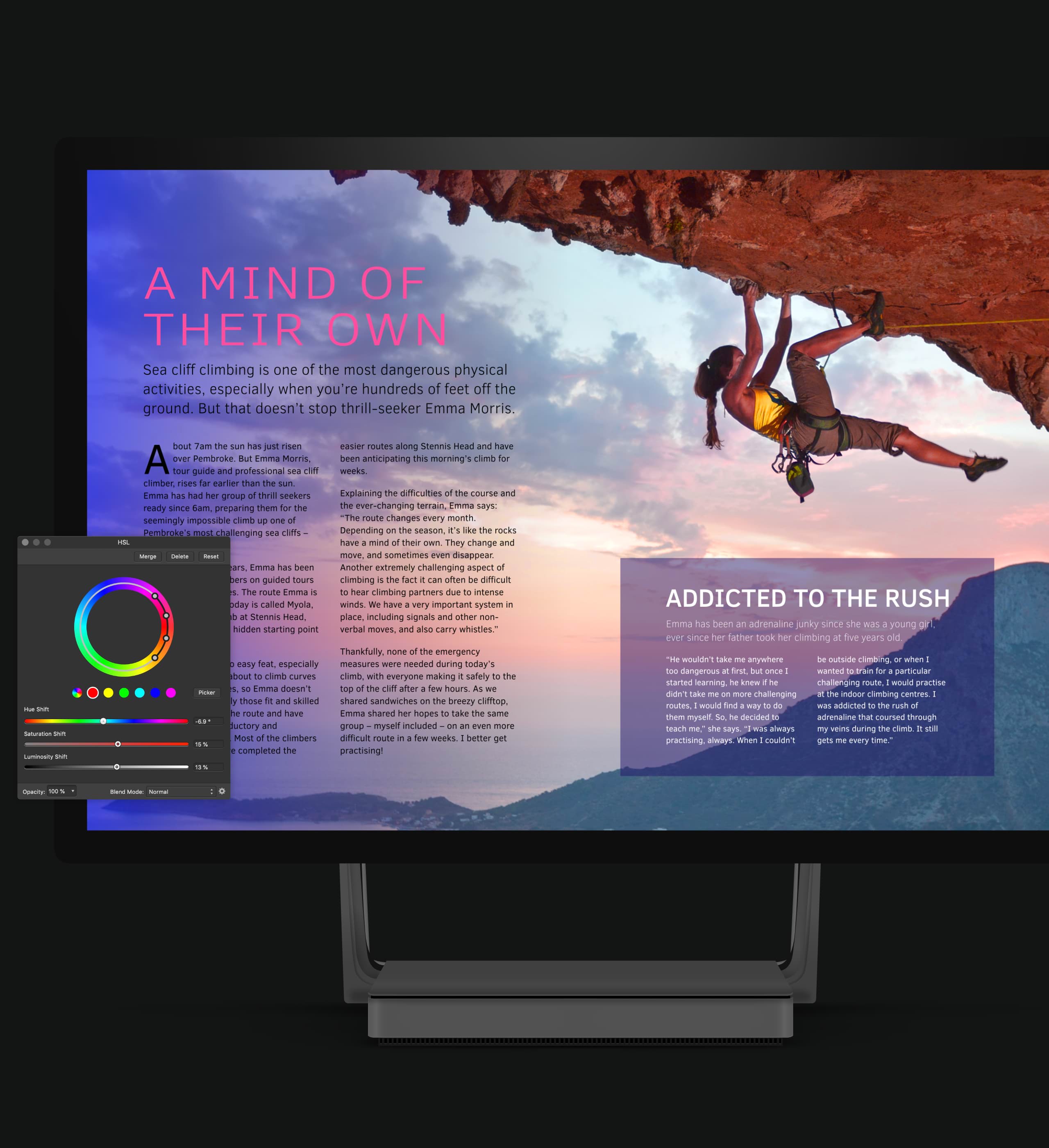 Surface Studio 在屏幕上显示杂志文章模型。这篇文章的标题是“自己做主”，并以女子攀岩的形象为特写。Affinity Publisher 色轮位于图像的左下角。