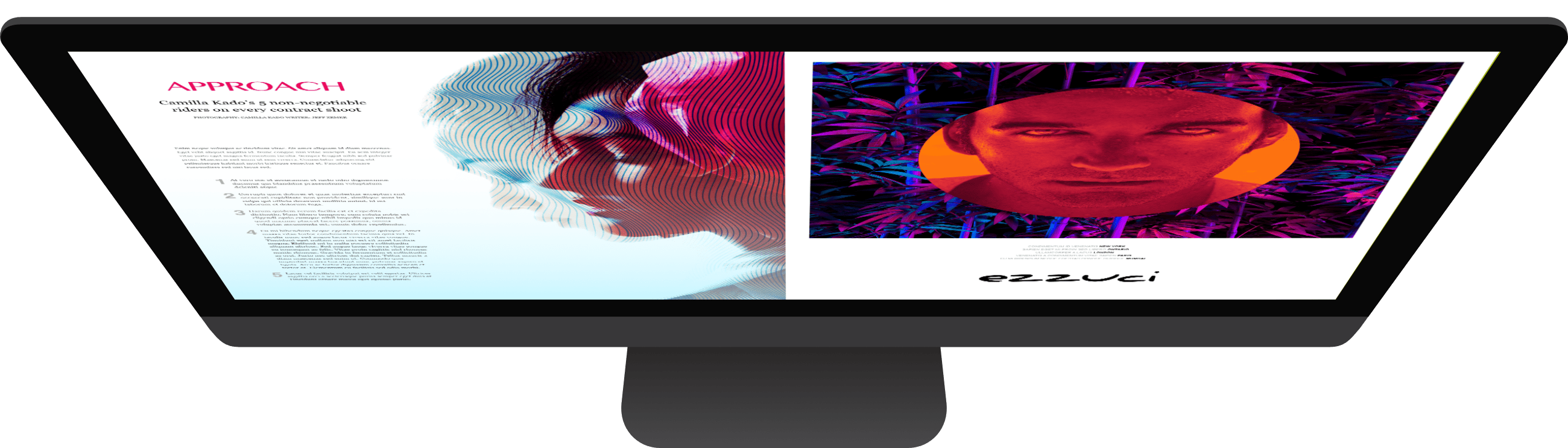 iMac 并排显示屏幕上的两个页面布局。左边的布局标题是“Approach”，而右边的标题是“Ezzuci”。