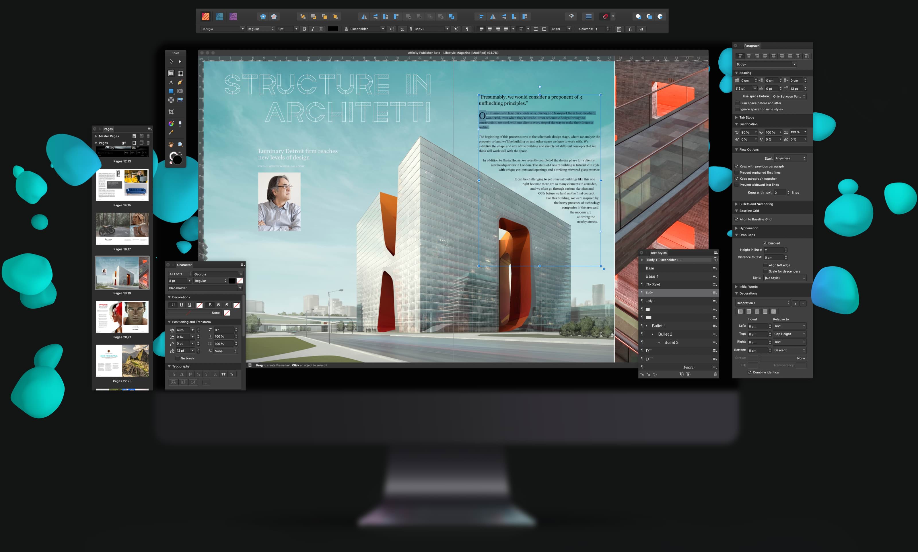 iMac 带有向外漂浮的蓝色和蓝绿色气泡。页面布局模型显示在屏幕上，标题为“建筑中的结构”。